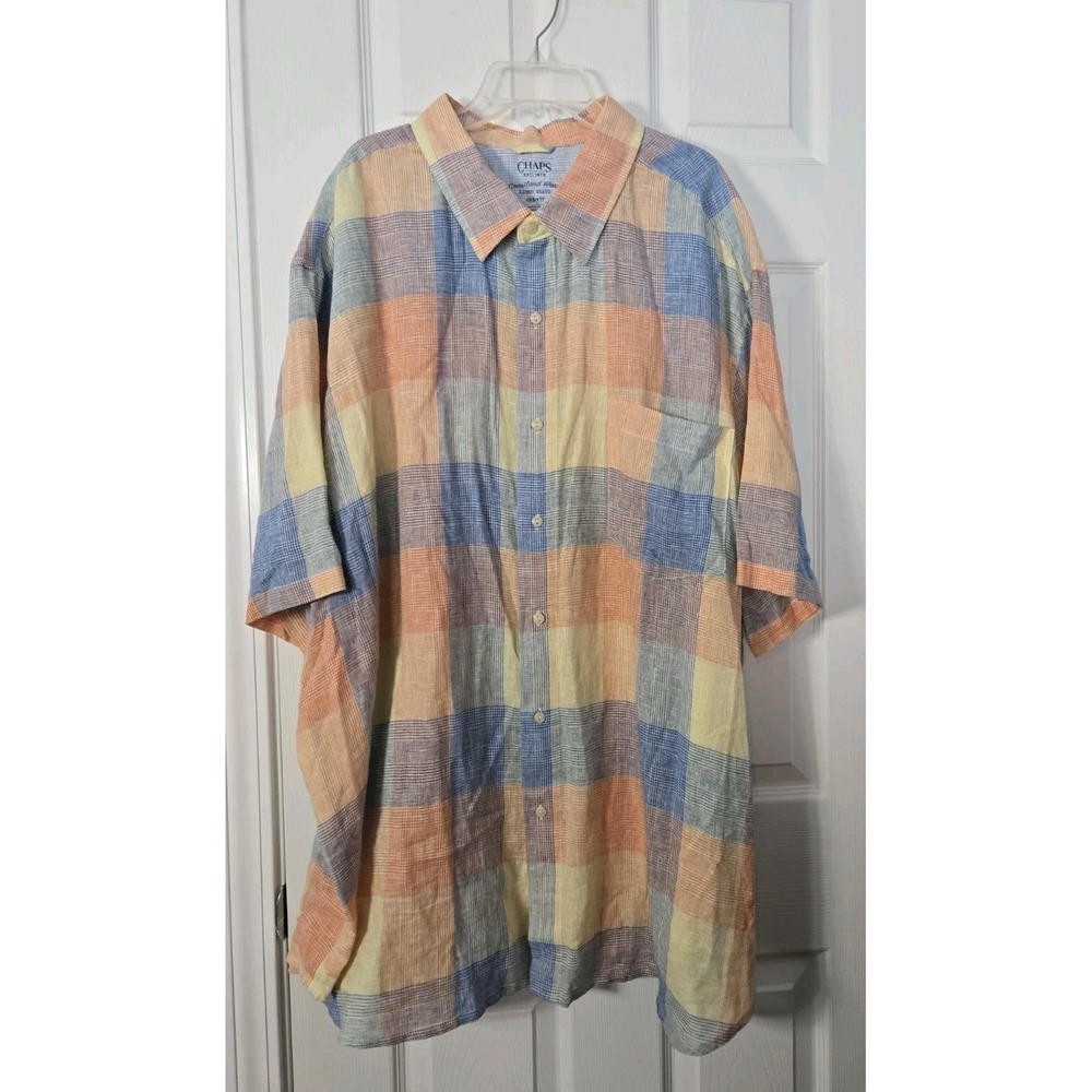 Chaps Mens Linen Shirt Sleeve Shirt Plaid Size 4XB Multicolor Button Down
